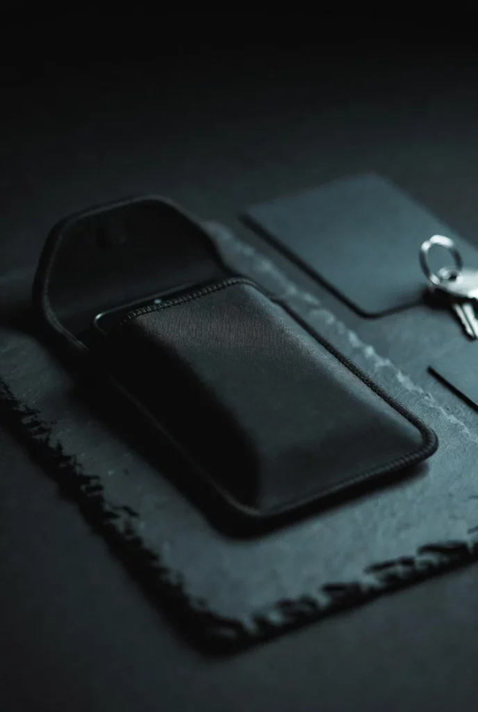 Matte black Faraday bag sealed around a phone on a dark slate surface, with car keys and a card alongside.